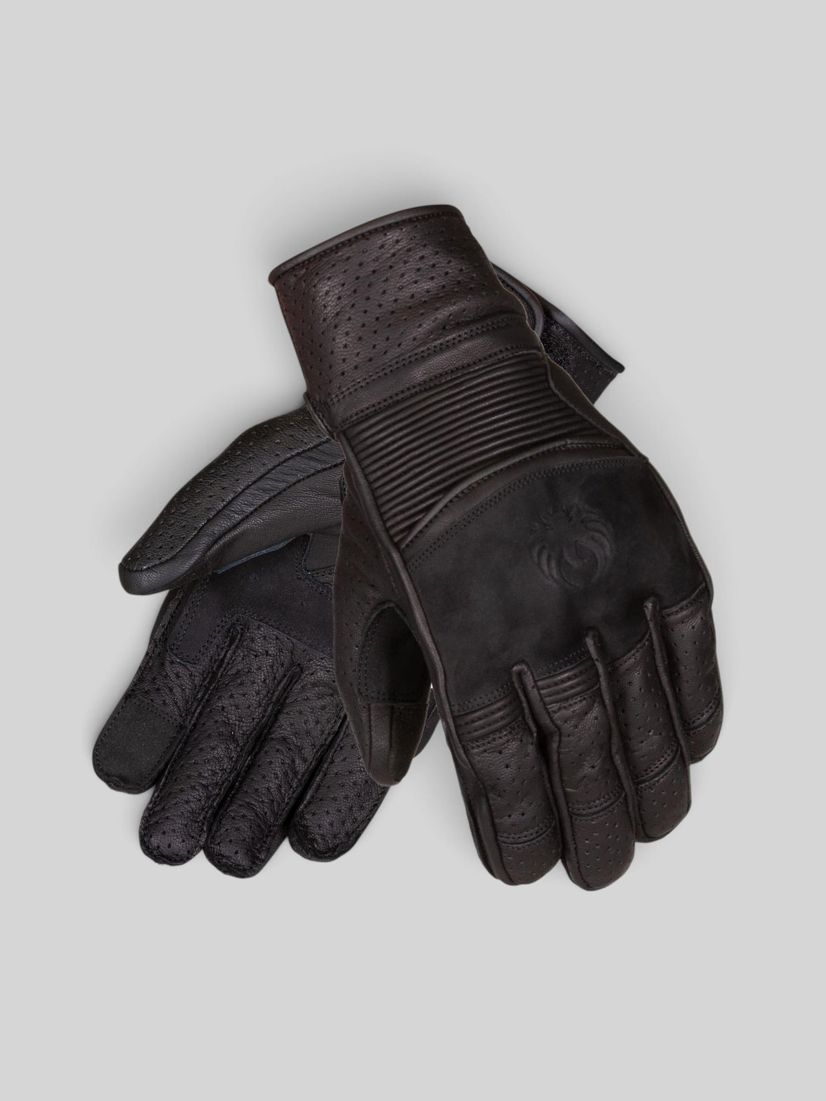 Baffle Haus Imperial black goat leather motorcycle gloves with articulated hinge and D3O impact protection.