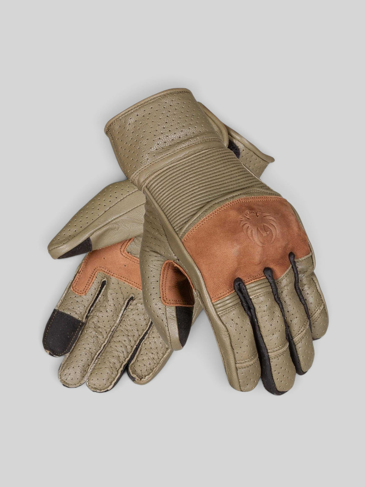 Baffle Haus Imperial olive goat leather motorcycle gloves with articulated hinge, accordion stretch, and D3O protection