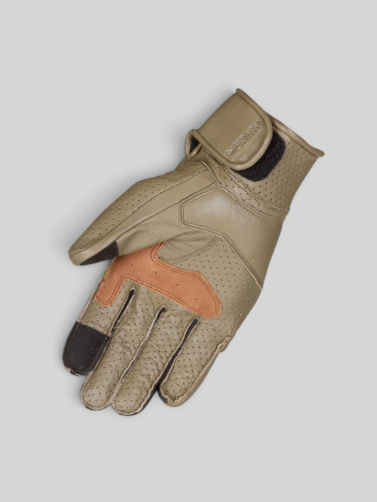 Baffle Haus Imperial olive goat leather motorcycle glove with perforated detailing and articulated hinge design