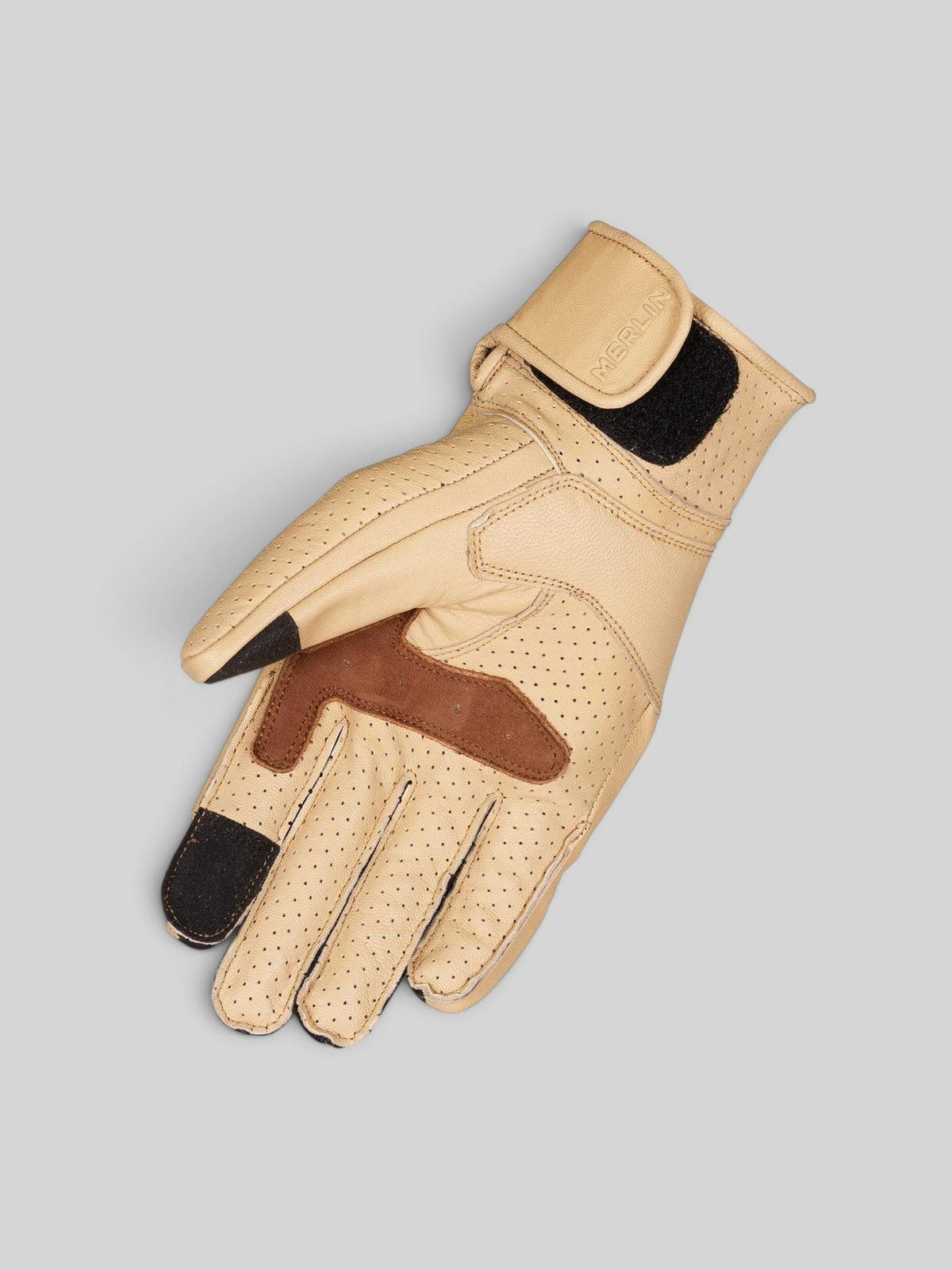 Baffle Haus Imperial tan goat leather motorcycle glove with perforated details and articulated hinge design