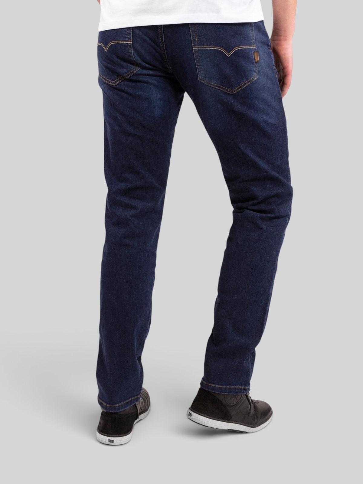 Baffle Haus Ironhead dark blue slim-fit motorcycle jeans with protective lining seen from the back