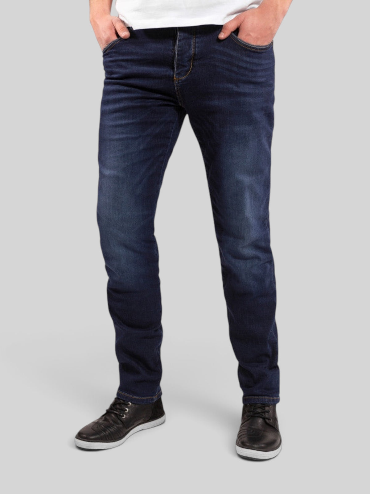 Baffle Haus Ironhead slim-fit dark blue motorcycle jeans with protective XTM-Fiber lining and stretch denim twill.