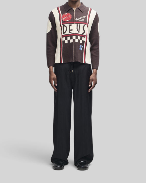 Baffle Haus Monte Carlo knit cardigan in java brown with motorsport-inspired graphic jacquard and embroidery patches.