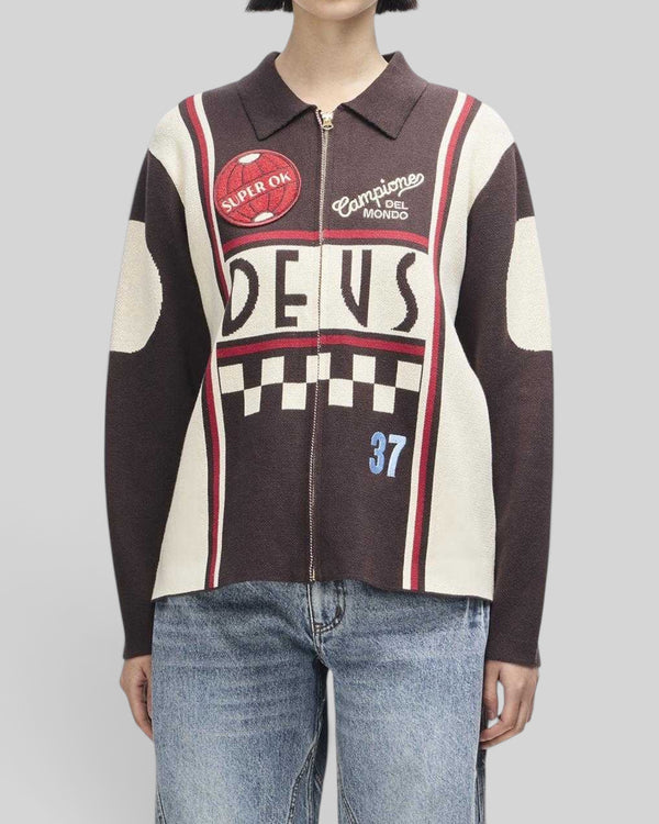 Baffle Haus Monte Carlo knit cardigan in java brown with motorsport-inspired jacquard, zip front, and racing patches.