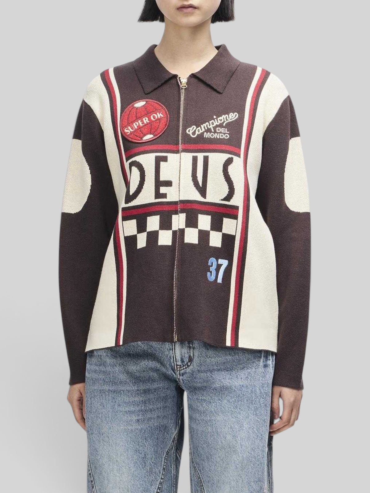 Baffle Haus Monte Carlo knit cardigan in java brown with motorsport-inspired jacquard, zip front, and racing patches.