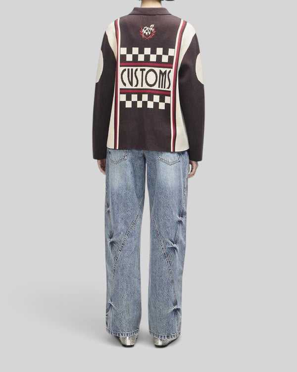 Baffle Haus Monte Carlo knit cardigan in java brown with checkered racing graphics, zip-up front, and embroidery.