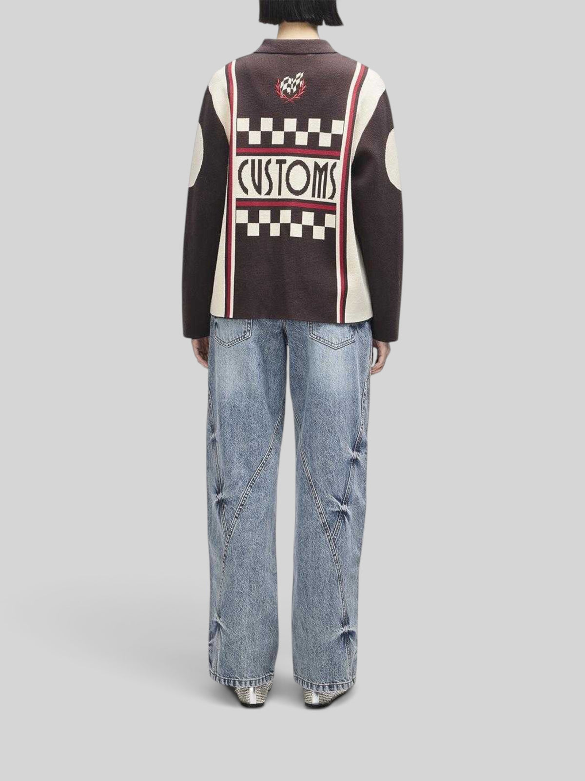 Baffle Haus Monte Carlo knit cardigan in java brown with checkered racing graphics, zip-up front, and embroidery.