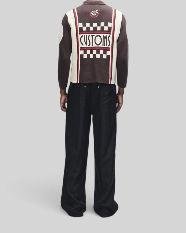 Baffle Haus Monte Carlo knit cardigan in java brown with back checkered racing graphic and embroidery patches