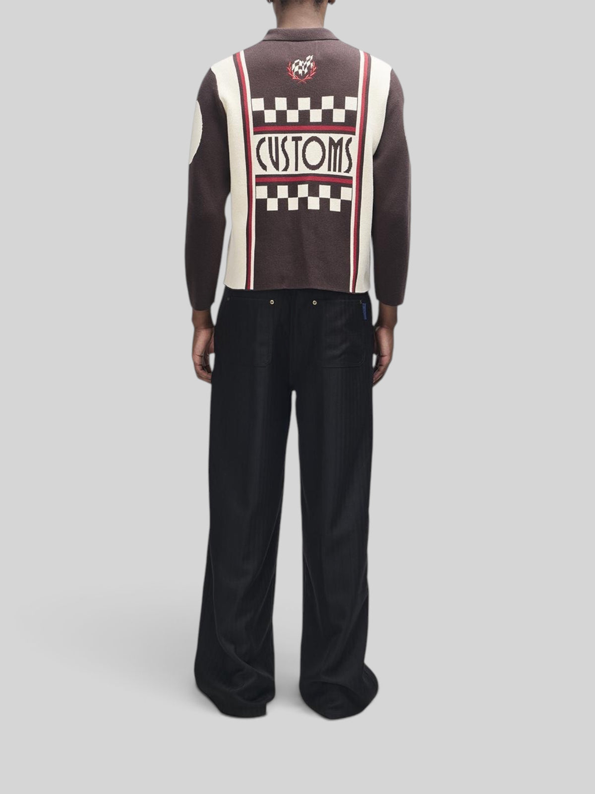 Baffle Haus Monte Carlo knit cardigan in java brown with back checkered racing graphic and embroidery patches