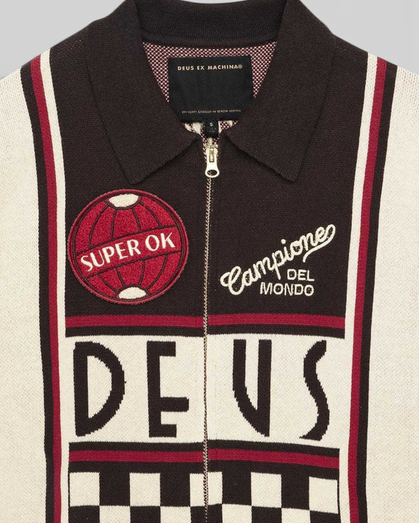 Baffle Haus Monte Carlo knit cardigan in java brown with motorsport-inspired graphic jacquard and embroidery patches.