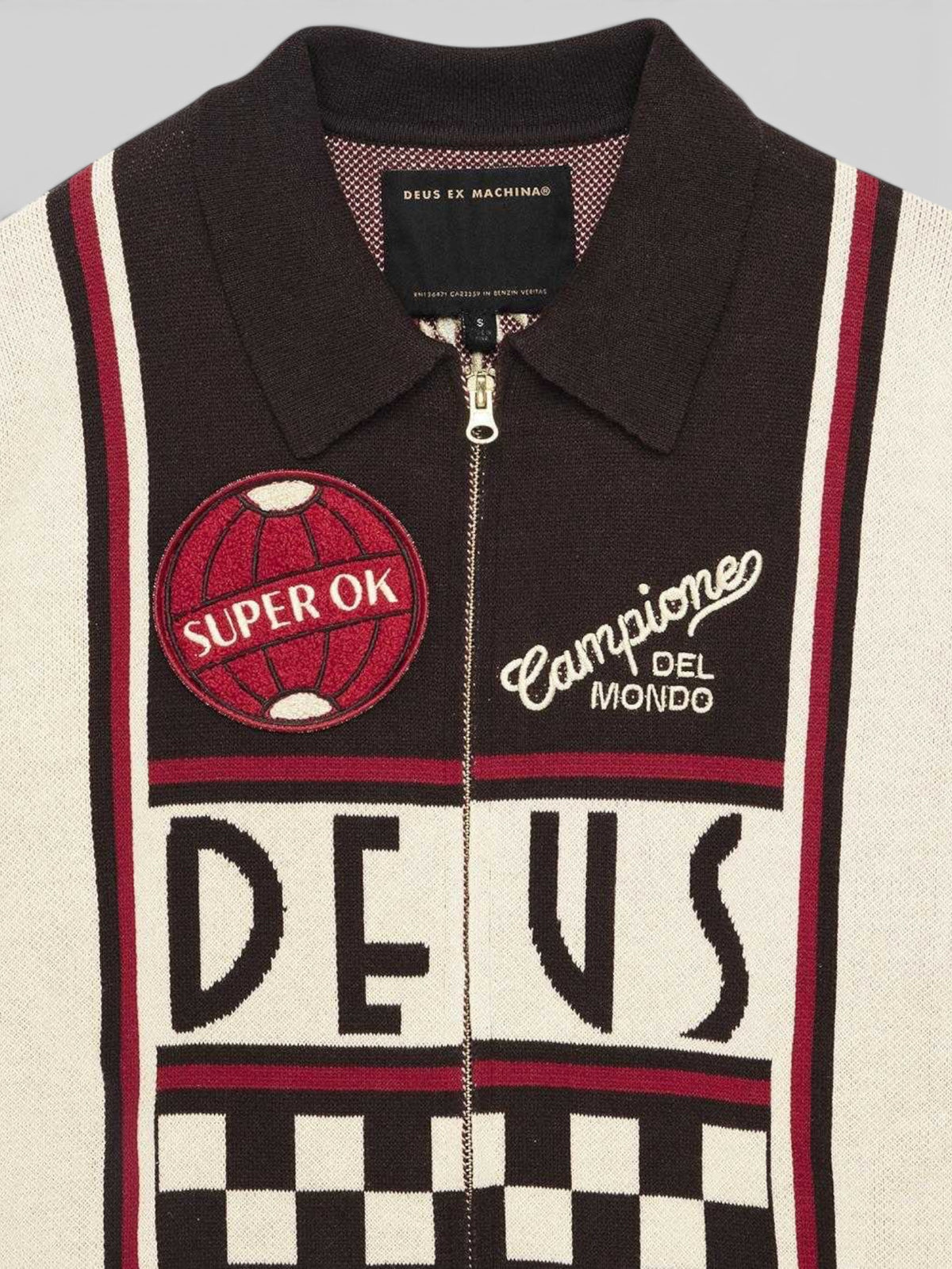Baffle Haus Monte Carlo knit cardigan in java brown with motorsport-inspired graphic jacquard and embroidery patches.