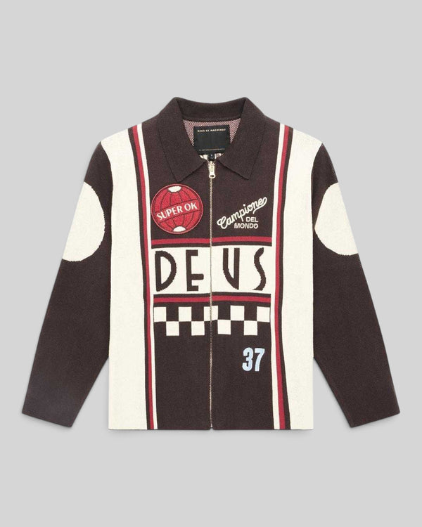 Baffle Haus Monte Carlo knit cardigan in java brown organic cotton with motorsport-inspired jacquard and patches