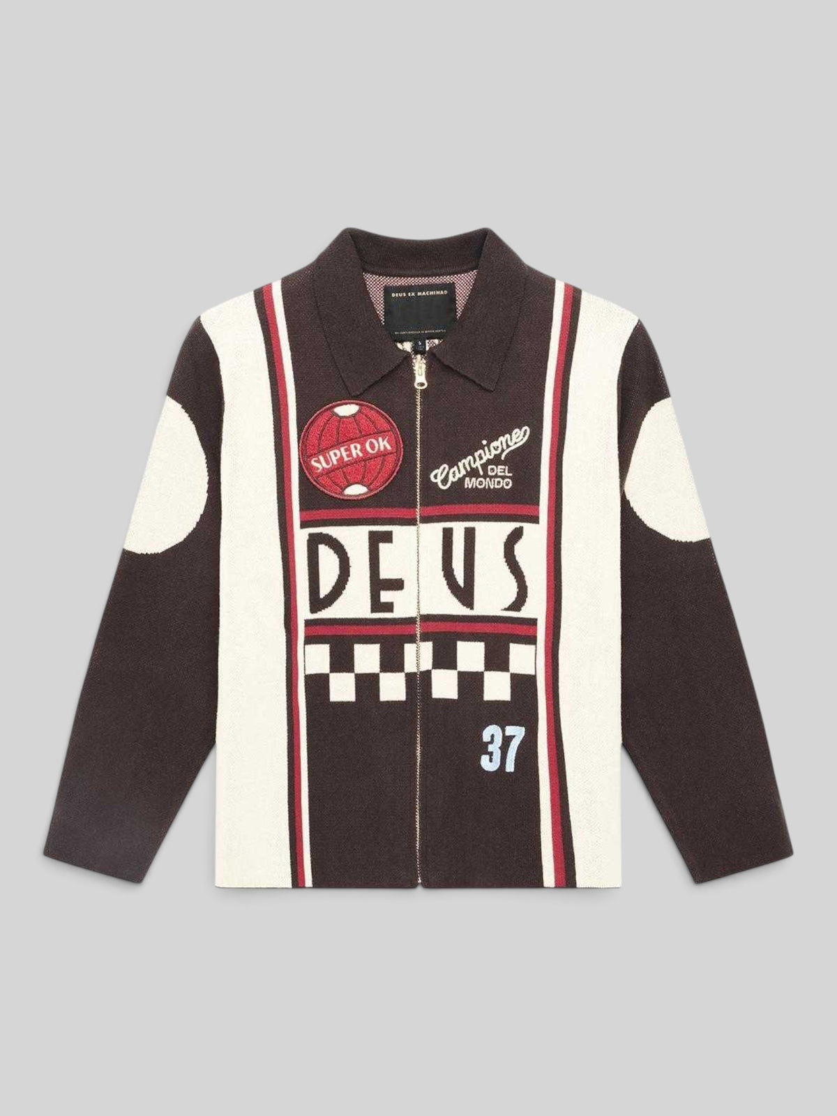 Baffle Haus Monte Carlo knit cardigan in java brown organic cotton with motorsport-inspired jacquard and patches