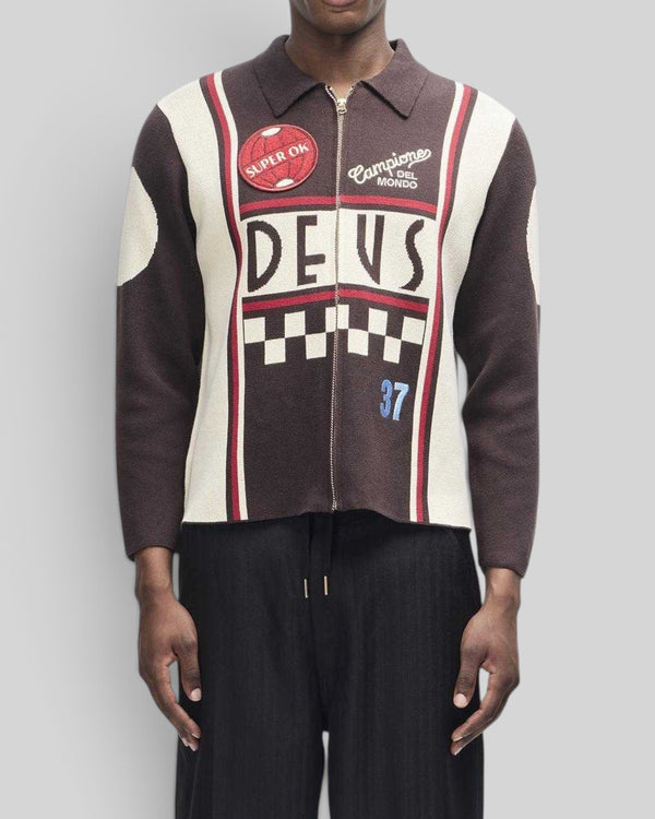Baffle Haus Monte Carlo knit cardigan in java brown with motorsport-inspired graphic jacquard and embroidery patches.