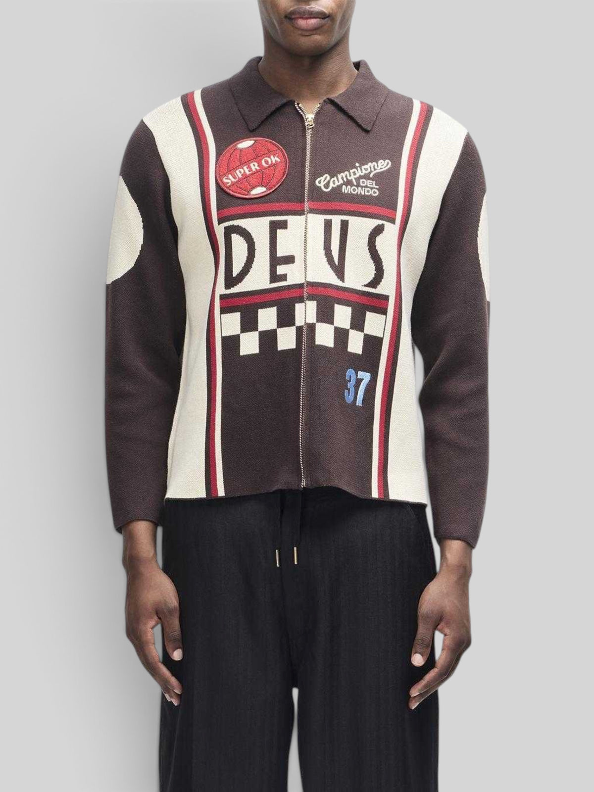 Baffle Haus Monte Carlo knit cardigan in java brown with motorsport-inspired graphic jacquard and embroidery patches.