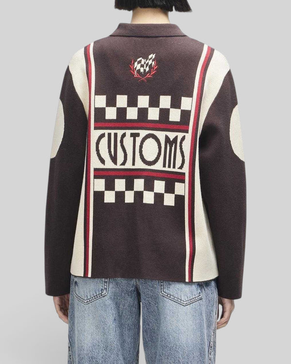 Back view of Baffle Haus Monte Carlo knit cardigan in java brown with checkered racing graphics and embroidery.
