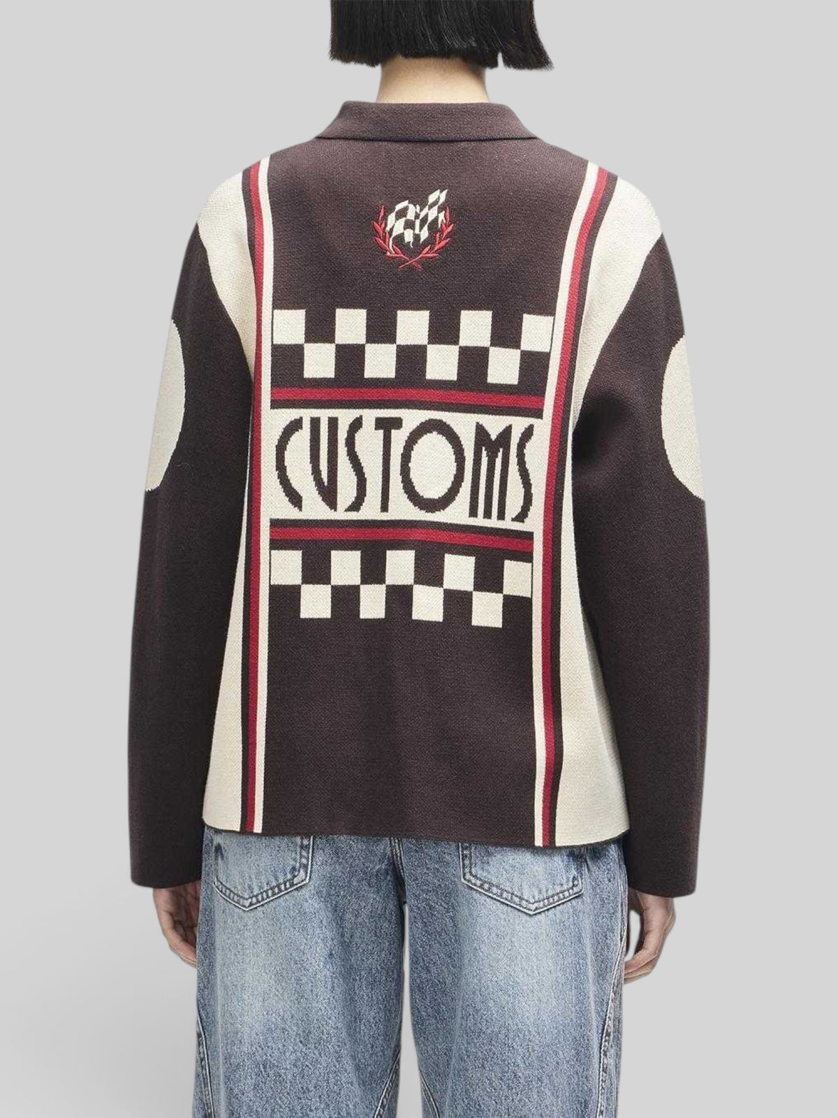 Back view of Baffle Haus Monte Carlo knit cardigan in java brown with checkered racing graphics and embroidery.