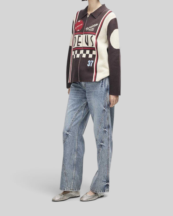 Baffle Haus Monte Carlo knit cardigan in java brown with motorsport-inspired jacquard graphics and embroidery patches.