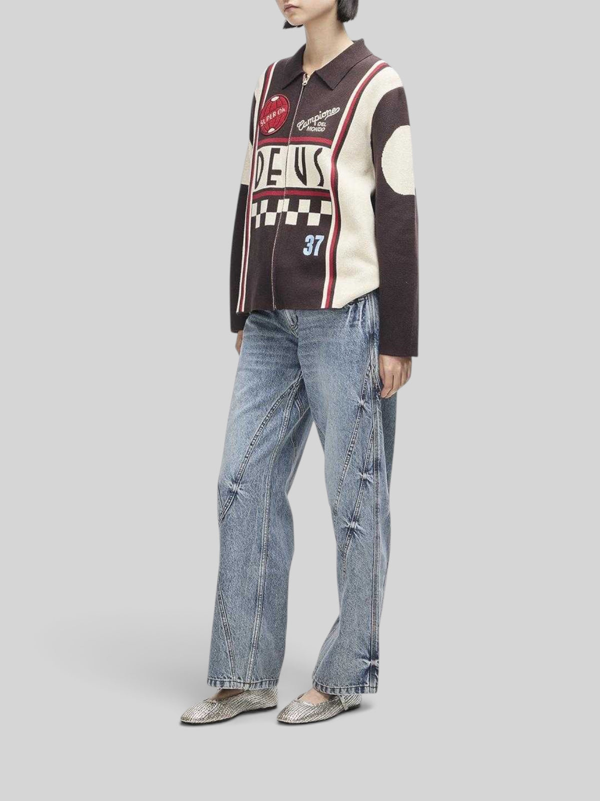 Baffle Haus Monte Carlo knit cardigan in java brown with motorsport-inspired jacquard graphics and embroidery patches.