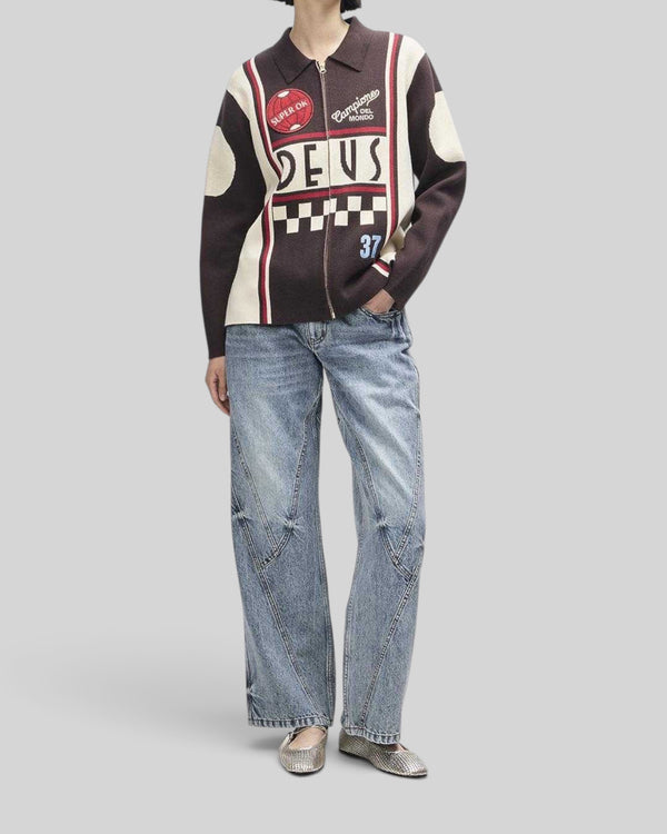 Baffle Haus Monte Carlo knit cardigan in java brown with motorsport-inspired jacquard graphics and zip-up front.