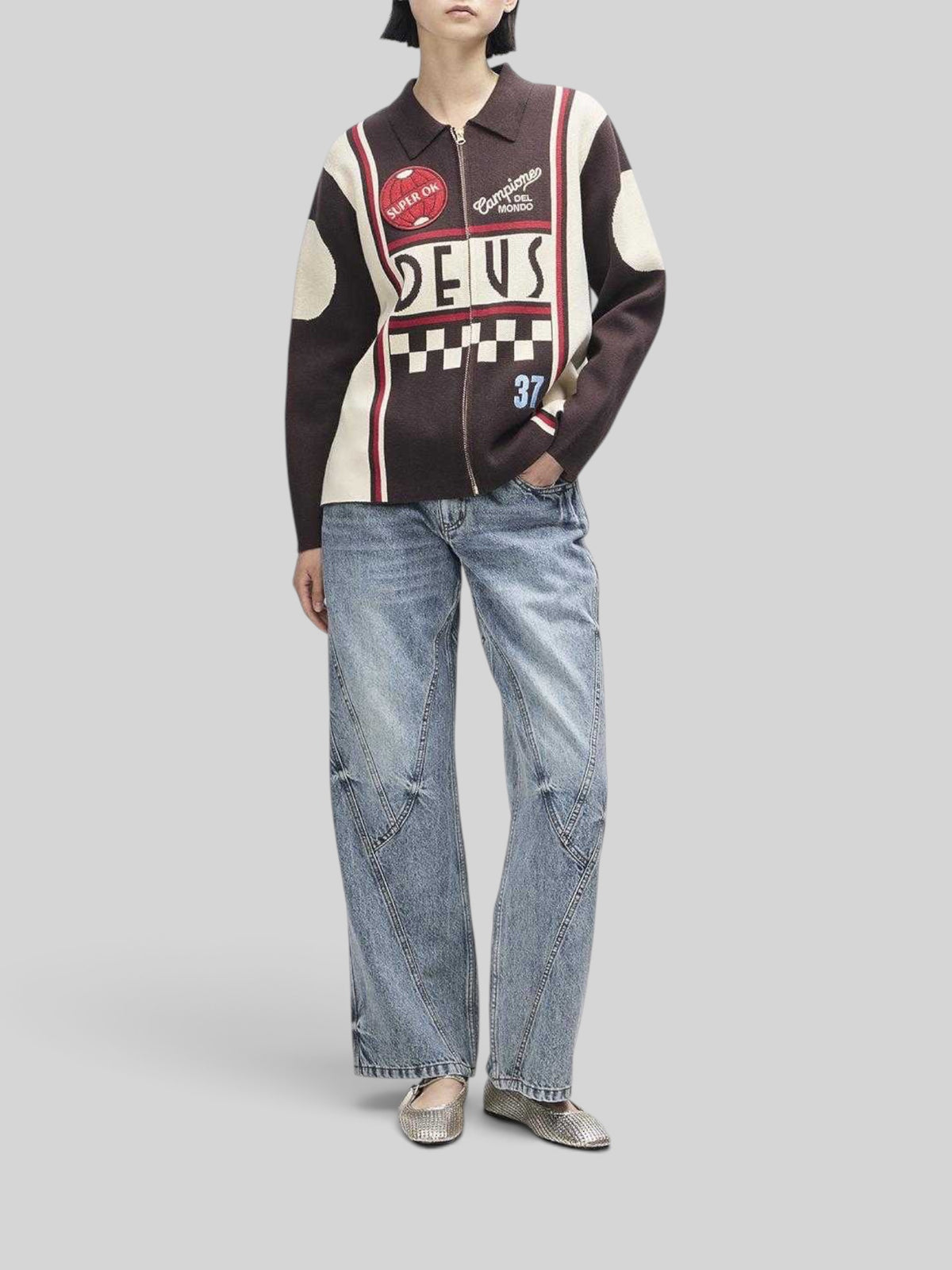 Baffle Haus Monte Carlo knit cardigan in java brown with motorsport-inspired jacquard graphics and zip-up front.