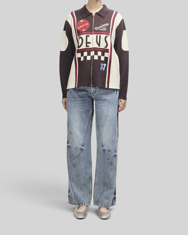 Baffle Haus Monte Carlo knit cardigan in java brown with motorsport-inspired jacquard graphics and embroidery patches.
