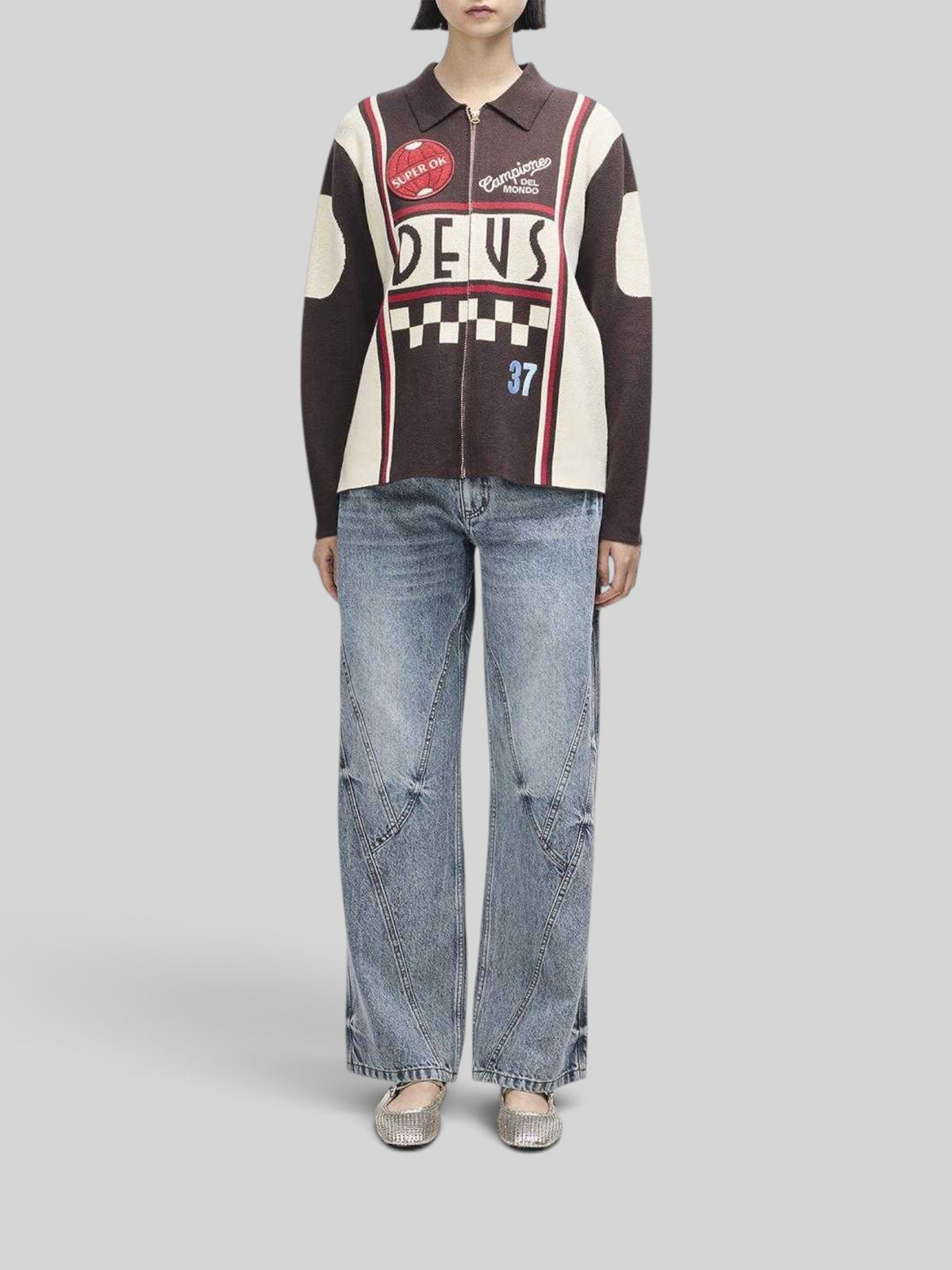 Baffle Haus Monte Carlo knit cardigan in java brown with motorsport-inspired jacquard graphics and embroidery patches.