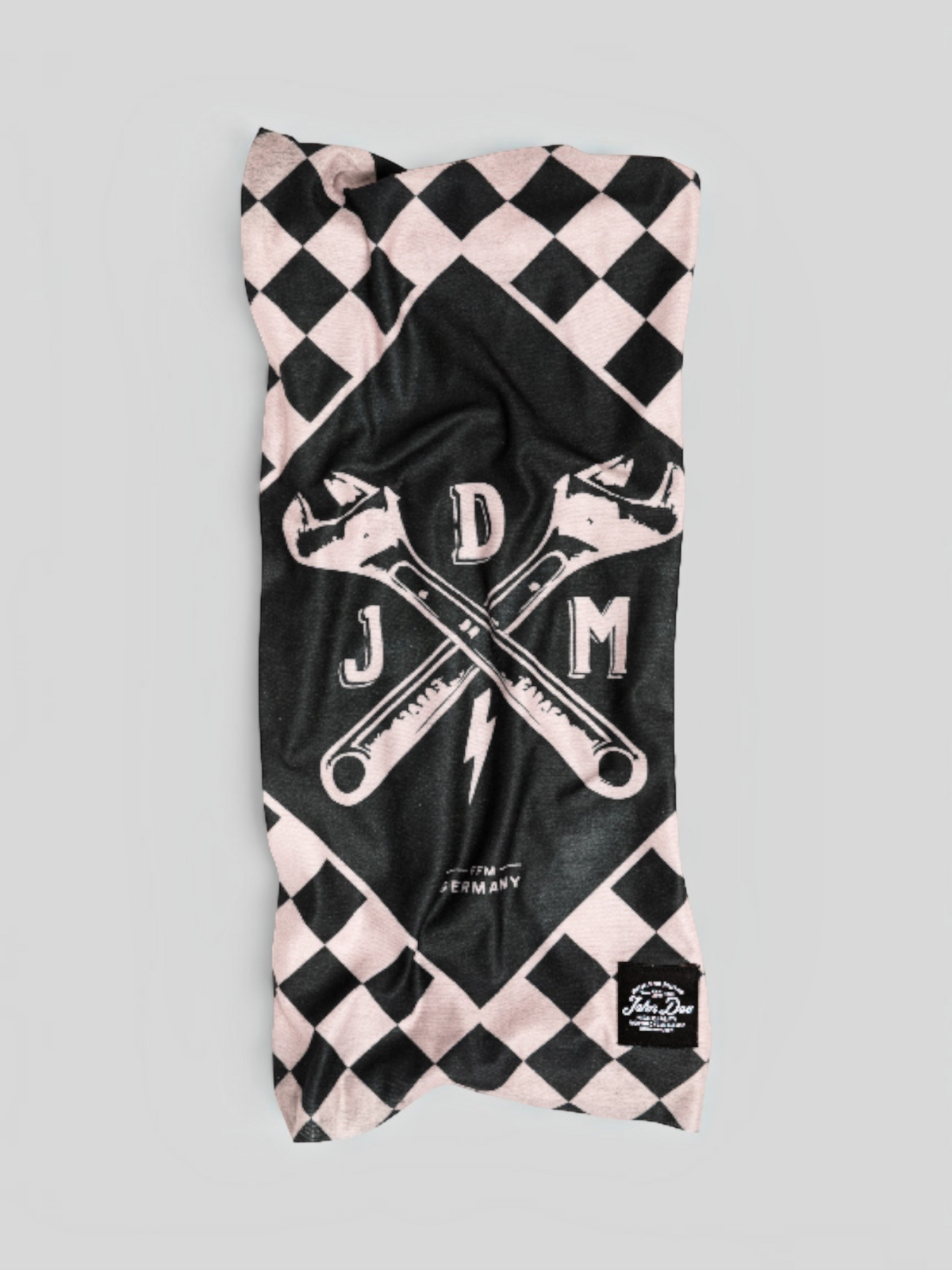 Baffle Haus black and white checkered neck tube with JDM wrench graphic and John Doe branding