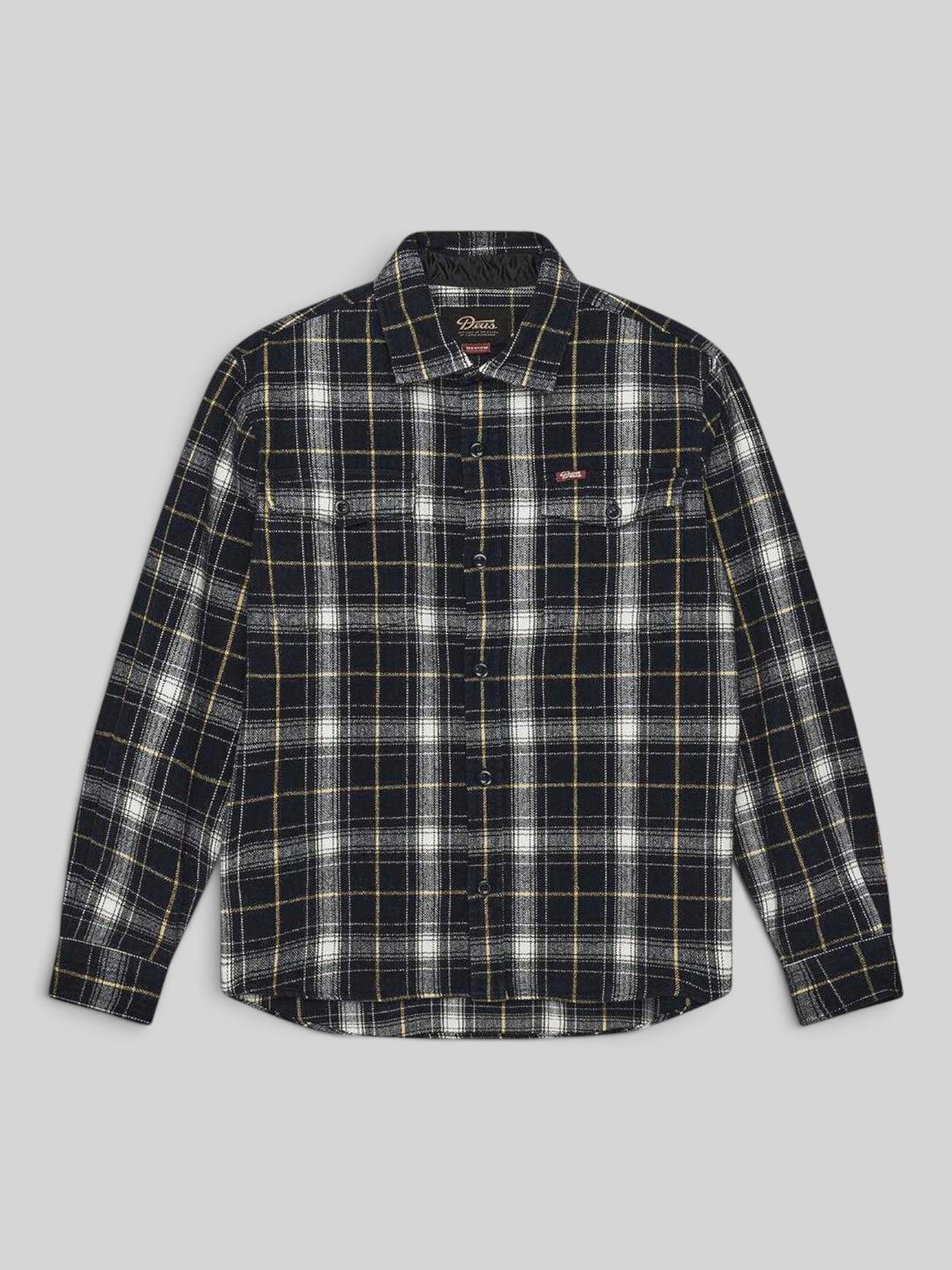 Baffle Haus Jermaine blue brushed cotton check overshirt with chest pockets and distressed horn buttons.