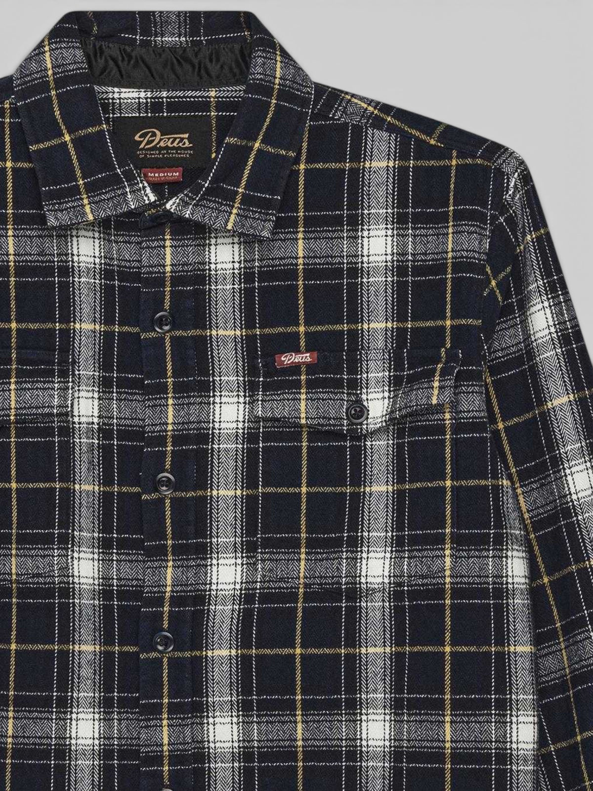 Baffle Haus Jermaine blue brushed cotton check shirt with chest pockets and distressed horn buttons