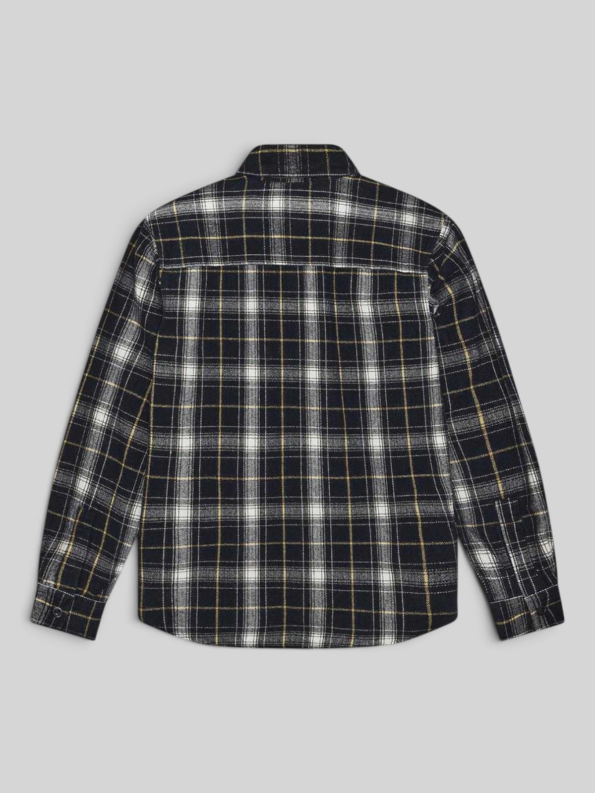 Back view of Baffle Haus Jermaine Check Shirt in blue brushed cotton with a heavy enzyme stonewash finish.