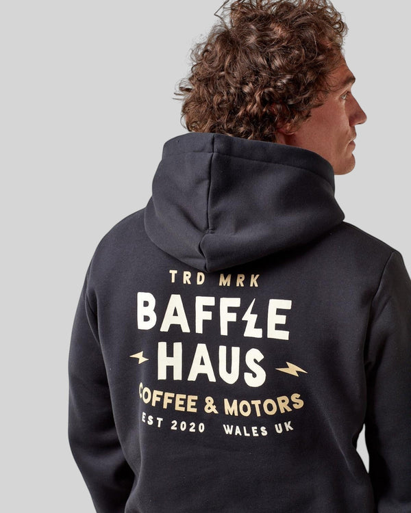 Baffle Haus jet black heavyweight cotton blend hoodie with Coffee & Motors graphic print on the back