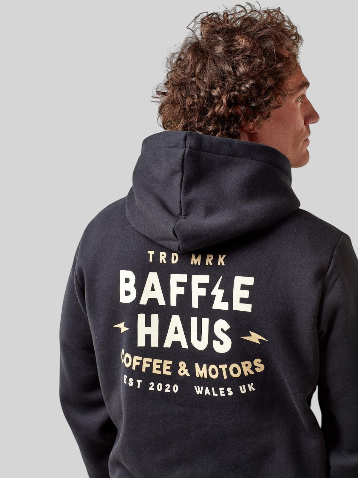 Baffle Haus jet black heavyweight cotton blend hoodie with Coffee & Motors graphic print on the back
