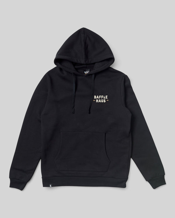 Baffle Haus jet black heavyweight cotton-blend hoodie with front kangaroo pocket and branded chest logo