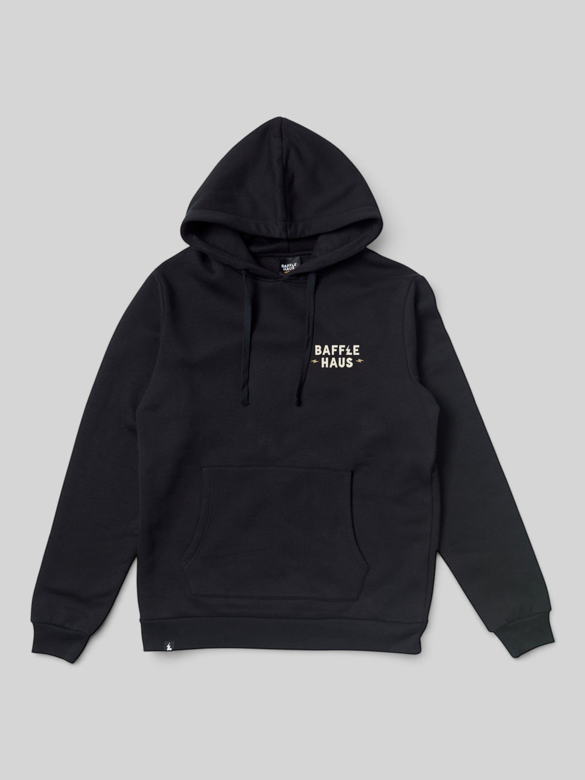 Baffle Haus jet black heavyweight cotton-blend hoodie with front kangaroo pocket and branded chest logo