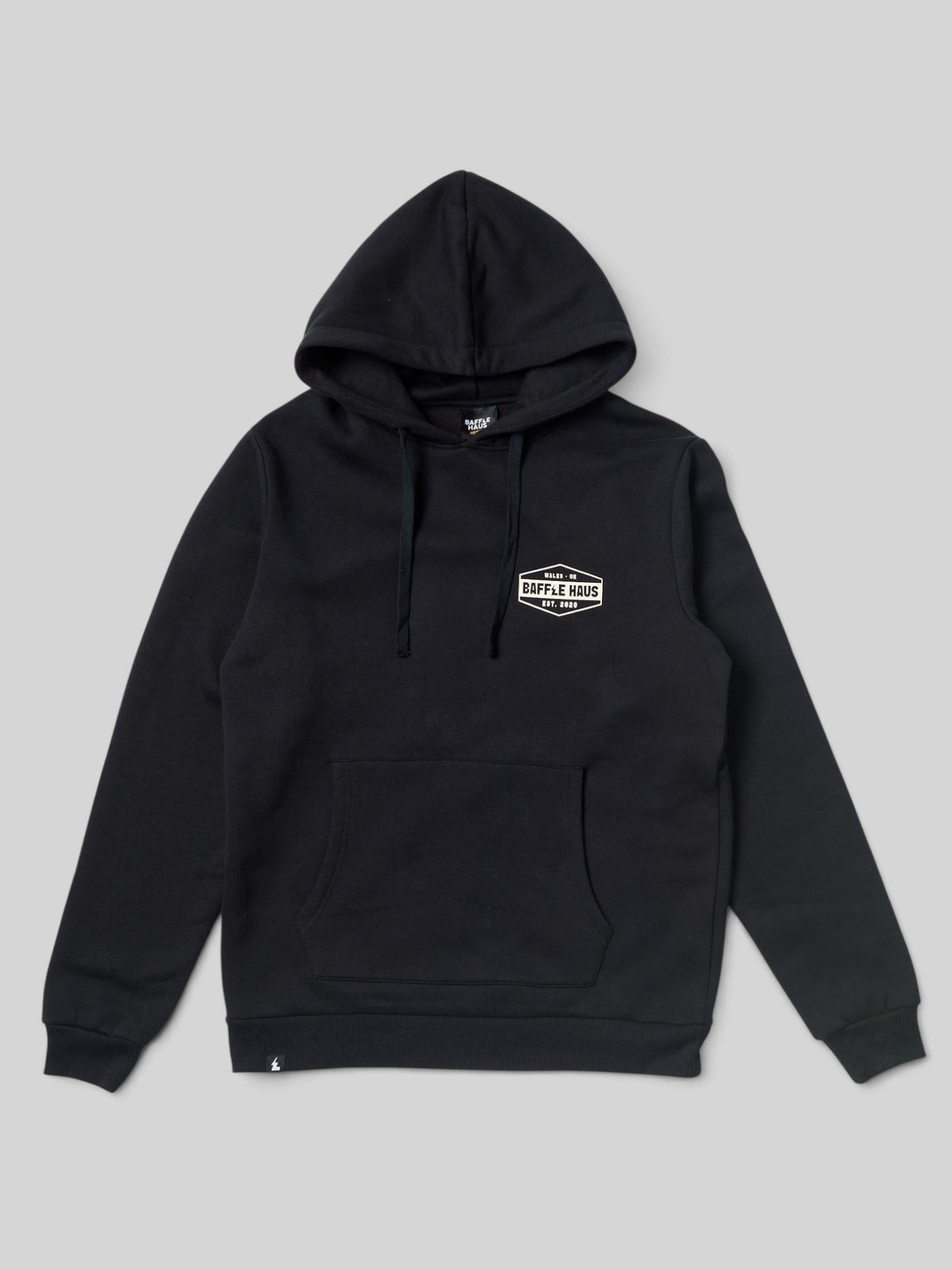 Baffle Haus jet black heavyweight cotton blend hoodie with a white chest logo and front kangaroo pocket