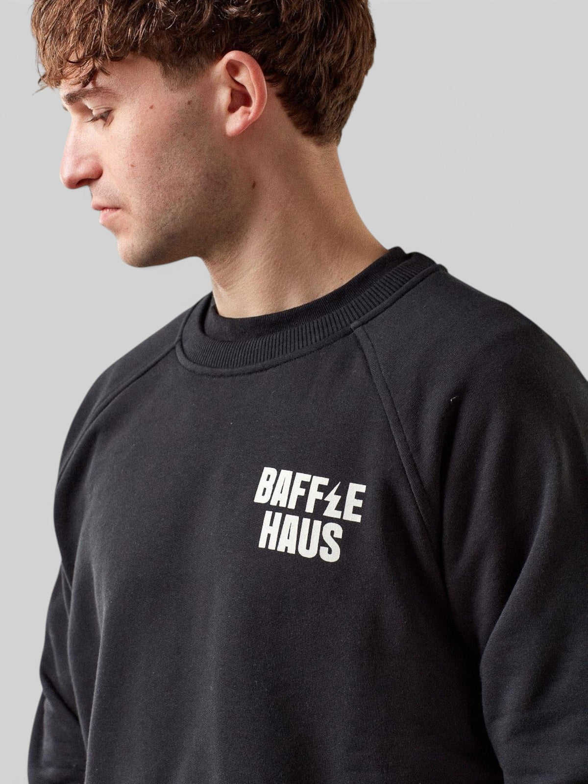 Baffle Haus Pour Decisions sweatshirt in jet black heavyweight French Terry cotton with white chest logo