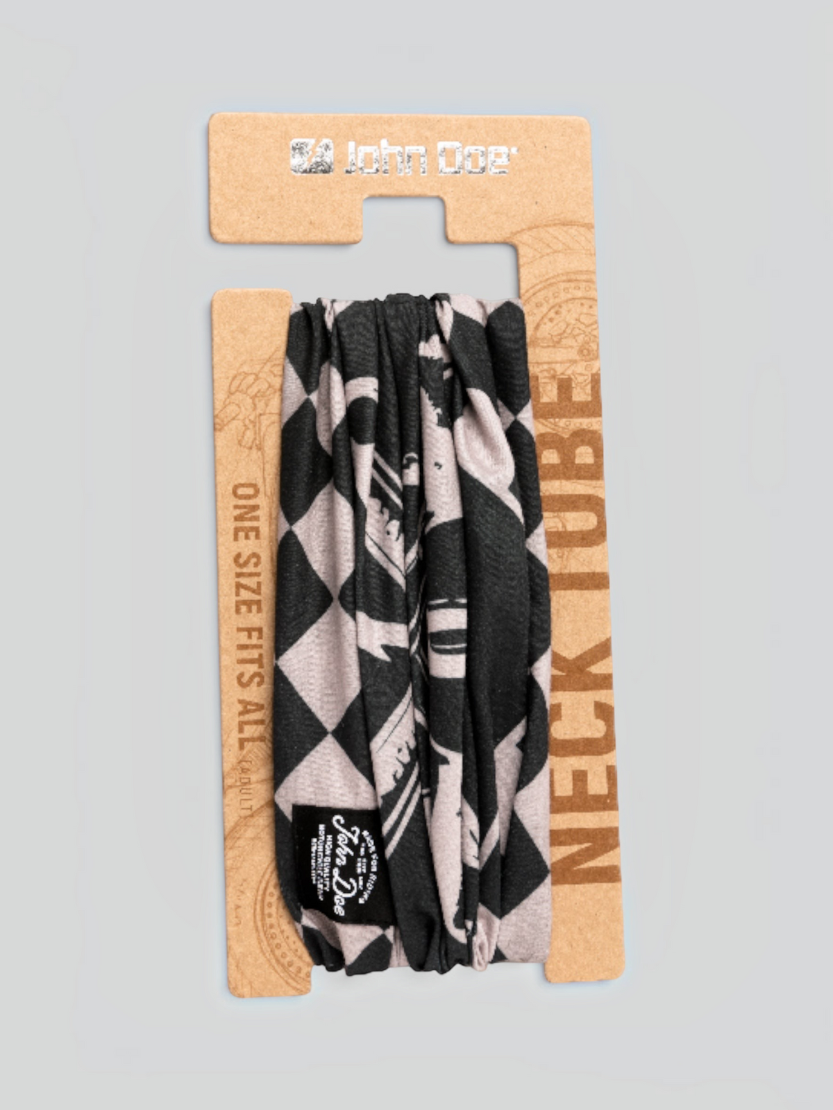 Baffle Haus John Doe neck tube featuring a black and white checkered JDM flag pattern on technical microfiber fabric.