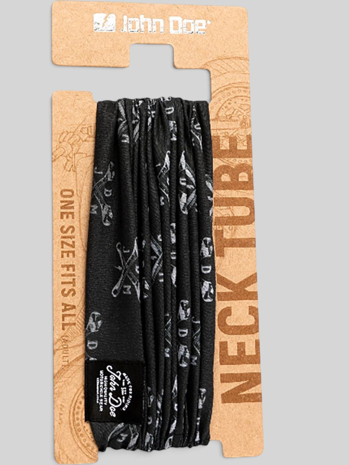 Baffle Haus John Doe Classic JDM black seamless Coolmax microfiber neck tube on branded cardboard packaging