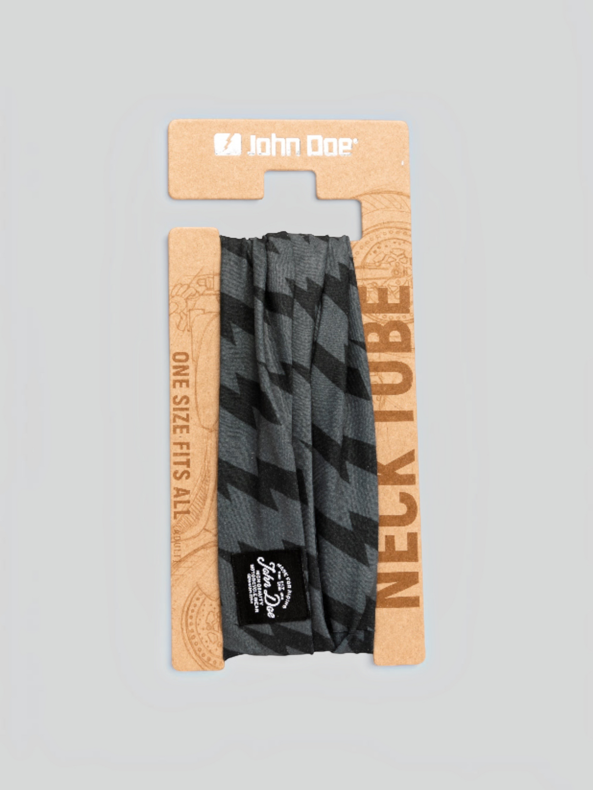 Baffle Haus John Doe black and grey flash print seamless microfiber neck tube on cardboard packaging