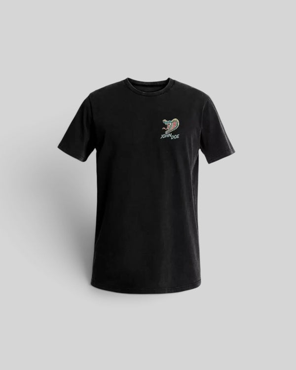 Baffle Haus John Doe Snake II black t-shirt with a small embroidered snake logo on the chest