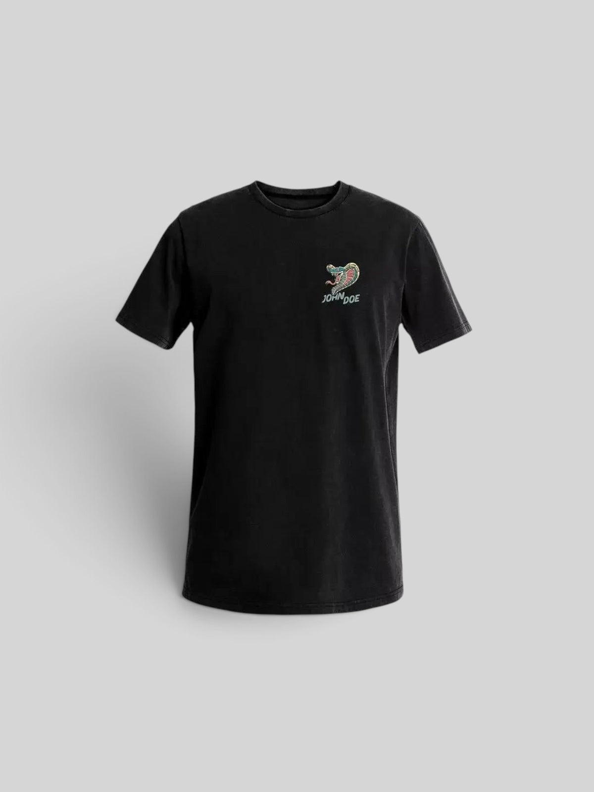 Baffle Haus John Doe Snake II black t-shirt with a small embroidered snake logo on the chest