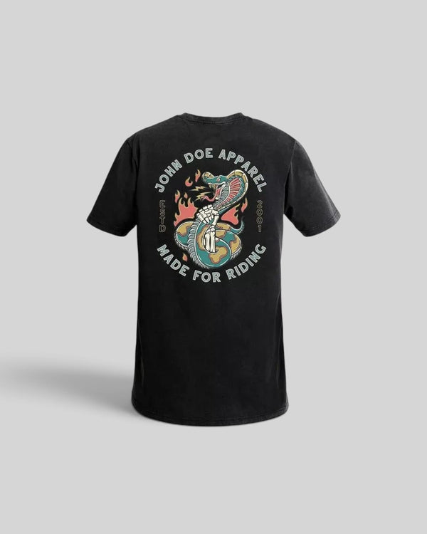 Baffle Haus John Doe Snake II black motorcycle t-shirt with a detailed graphic of a snake and skeleton hand on back