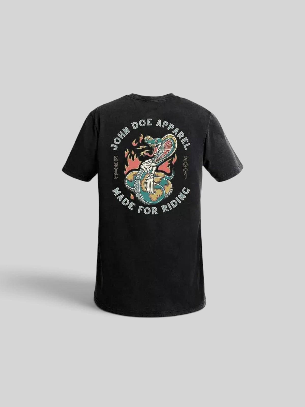 Baffle Haus John Doe Snake II black motorcycle t-shirt with a detailed graphic of a snake and skeleton hand on back