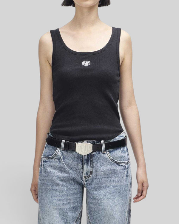 Baffle Haus June Shield black slim fit tank top with thin straps and centre chest embroidery worn with blue jeans