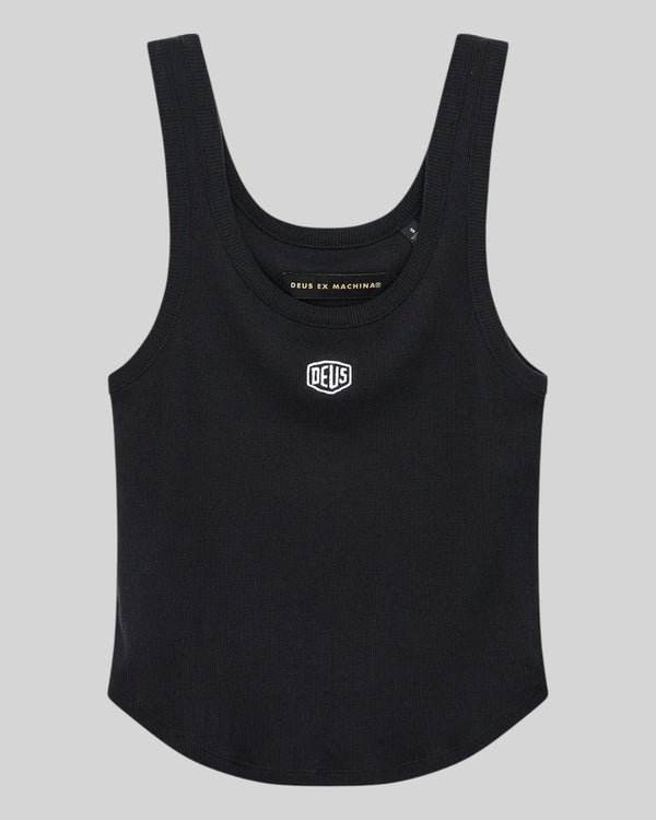 Baffle Haus June Shield black slim fit tank top with thin straps, curved hem, and embroidered chest logo.