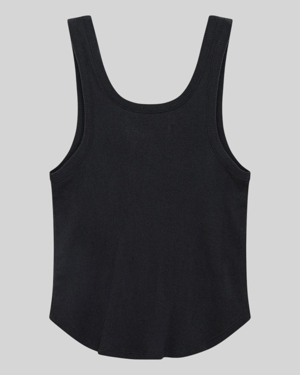 Baffle Haus June Shield black slim fit tank top with thin straps and a curved hem in a recycled cotton blend