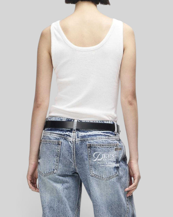 Baffle Haus June Shield Tank in vintage white, a slim fit ribbed tank top with thin straps, viewed from the back.