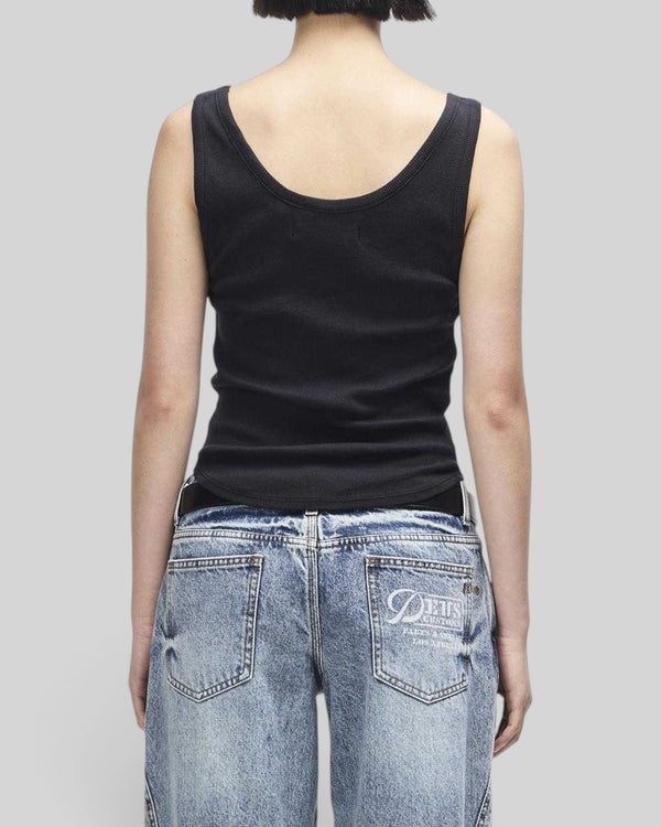 Back view of Baffle Haus June Shield Tank in black, featuring a slim fit, ribbed texture, and curved hem.