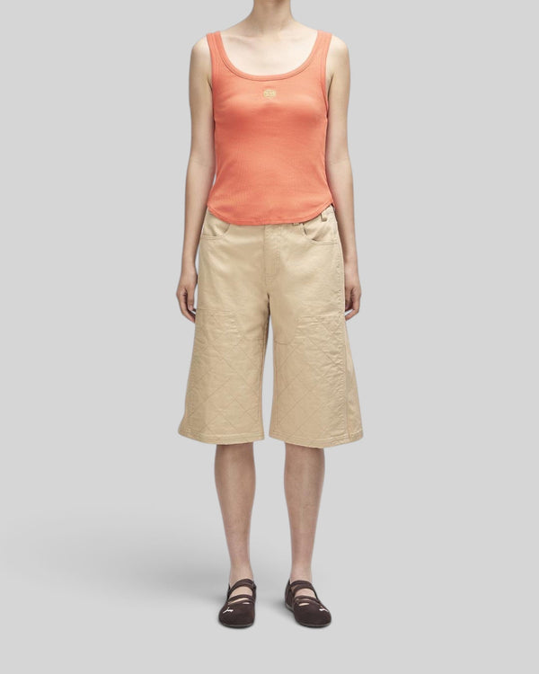Baffle Haus June Shield Tank in flame orange, a slim fit ribbed tank top with thin straps and chest embroidery.